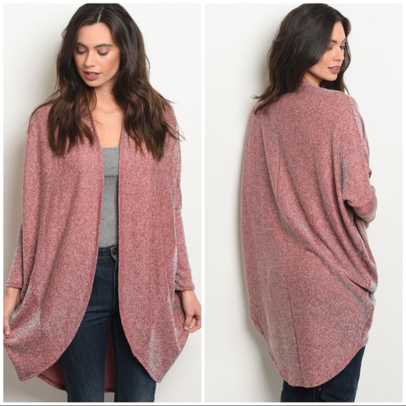 Sweaters - RED GREY Long sleeve open front knit- Cardigan